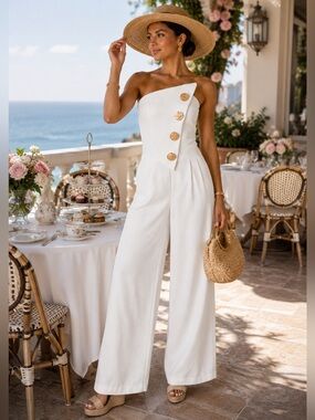 White Strapless Corset Wide Leg Jumpsuit Gold Button Detail